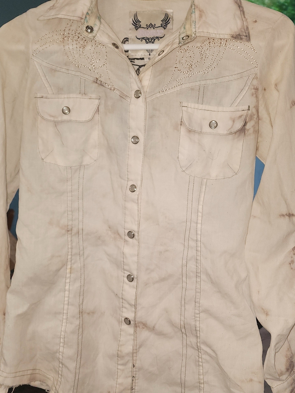 Roar Off-White Studded Western Button-Front Shirt Sz SMALL
